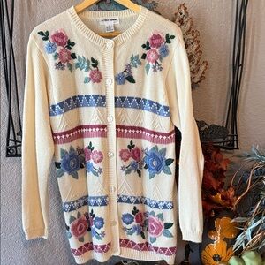 Alfred Dunner Floral Knit Cardigan in Cream with Pink and Blue